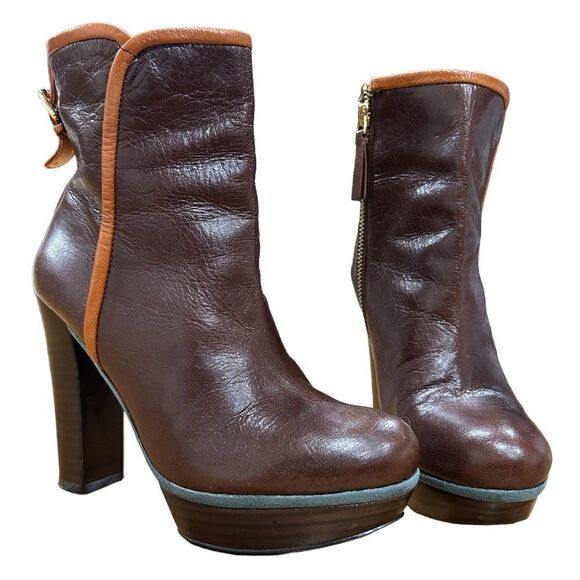 Revolve Nine West Chocolate Leather , Blue Suede Platform Buckle Ankle Boots - Picture 3 of 11